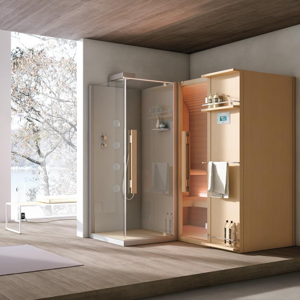 Sauna avec douche intégrée en angle