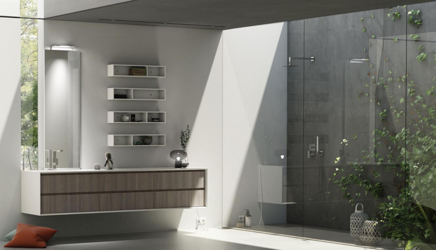Meuble de salle de bains grand format avec façade stratifié imitation bois 