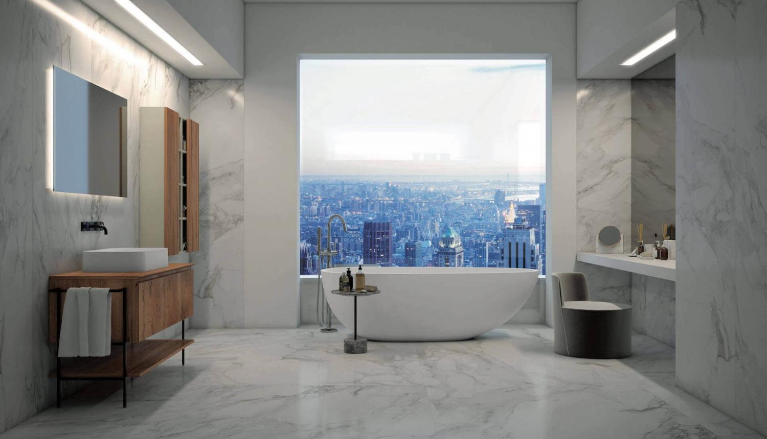 Salle de bains avec un revêtement en imitation marbre - sol et mur