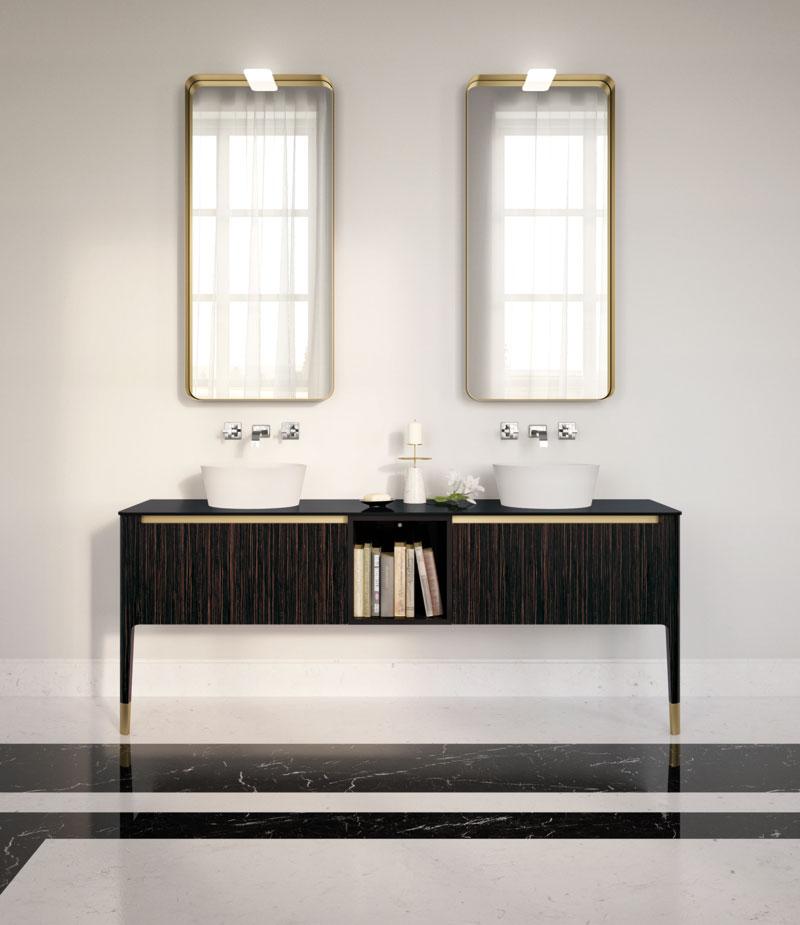 Meuble de salle de bains en stratifié et miroirs aux contours en aluminium bronze