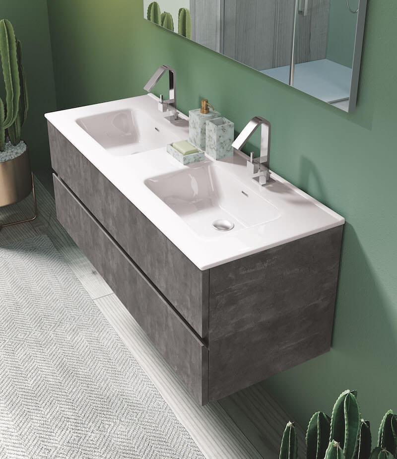 Meuble salle de bains épuré gris avec les vasques encastrées