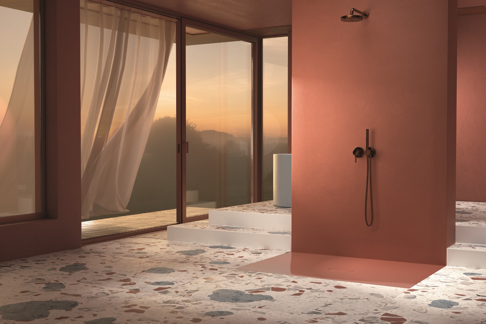 Douche à l'italienne avec un receveur à poser de couleur rouge Douche à l'italienne avec un receveur à poser de couleur rouge