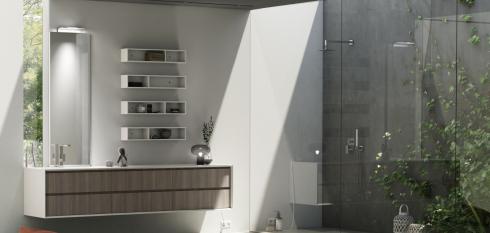 Meuble de salle de bains grand format avec façade stratifié imitation bois 