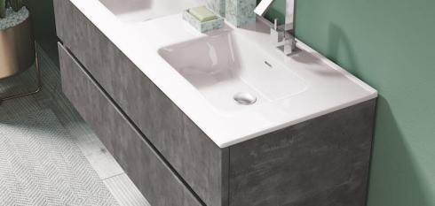 Meuble salle de bains épuré gris avec les vasques encastrées