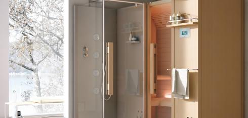 Sauna avec douche intégrée en angle
