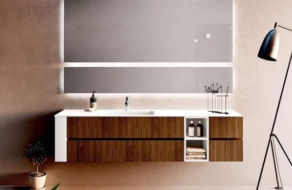 meuble de salle de bains avec les façades en bois