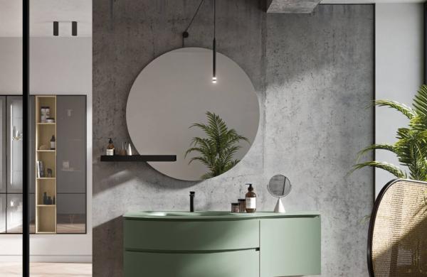 Meuble de salle de bains aux formes originales et avec beaucoup de rangements