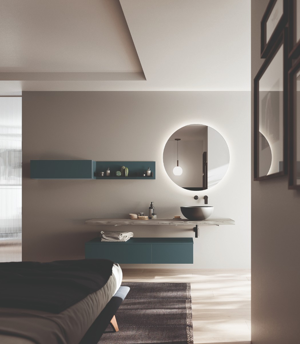 Meuble de salle de bains contemporain avec plateau en bois gris